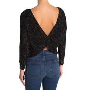 ABOUND Twist Back Sweater Top Womens M Black Marled Knit Pullover Cropped NWT